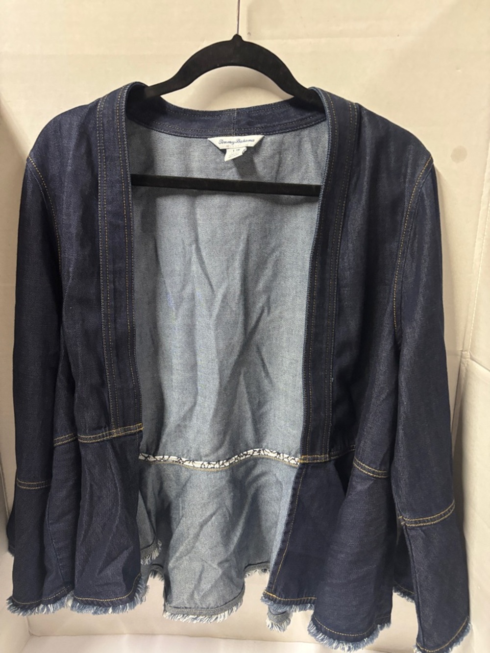 Tommy Bahama Indigo Denim Open-Front Jacket with Frayed Hem